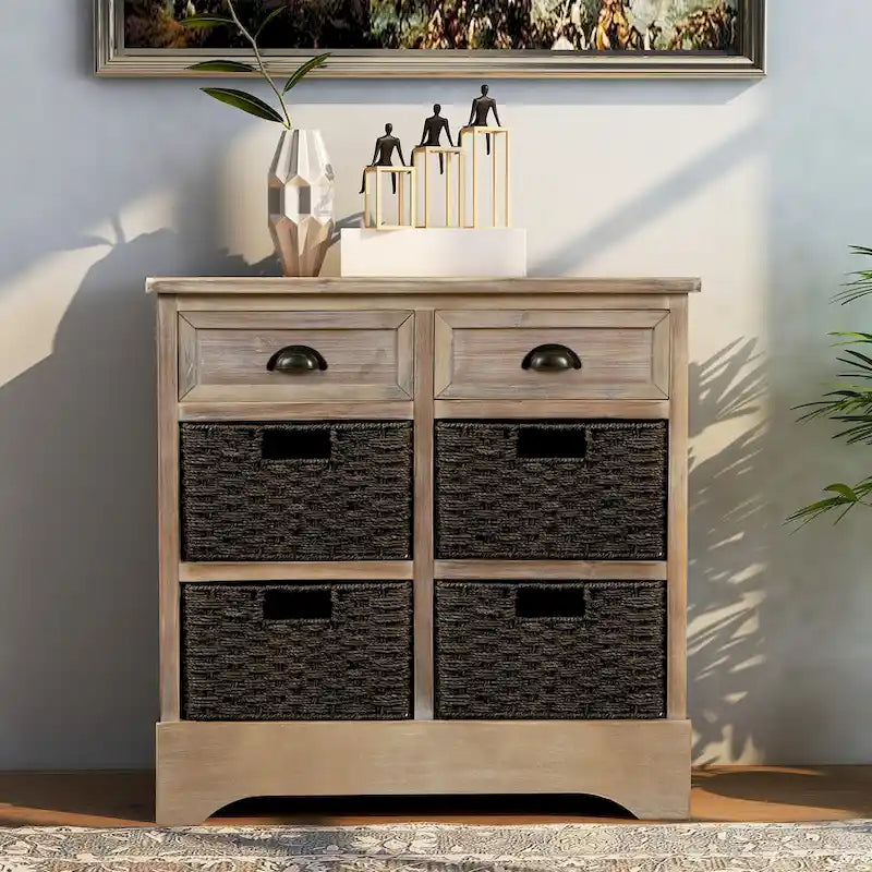 Meuble de rangement rustique avec deux tiroirs et quatre paniers classiques en rotin pour salle à manger/salon