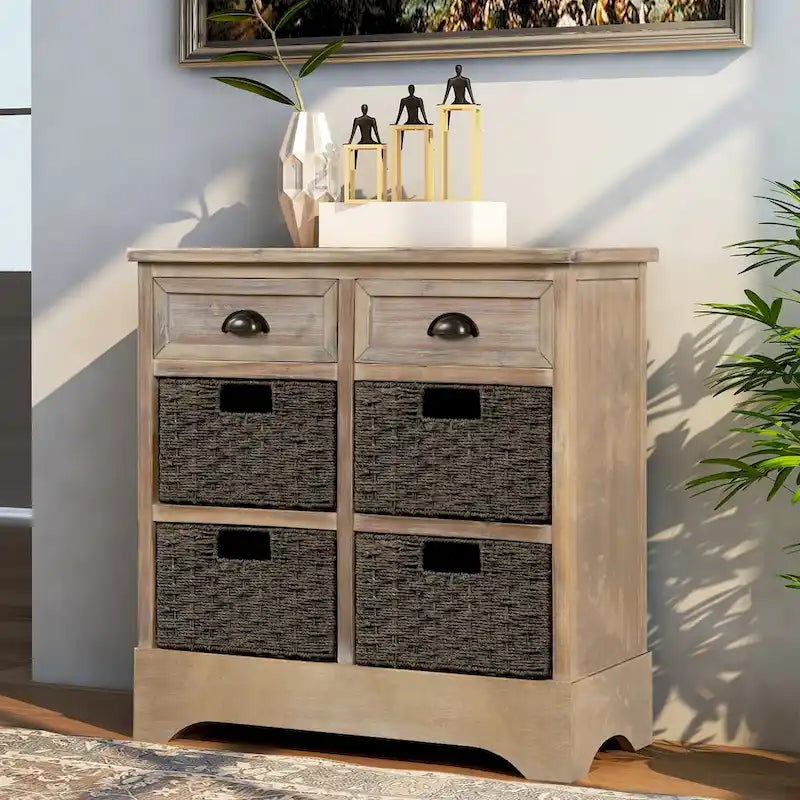 Meuble de rangement rustique avec deux tiroirs et quatre paniers classiques en rotin pour salle à manger/salon