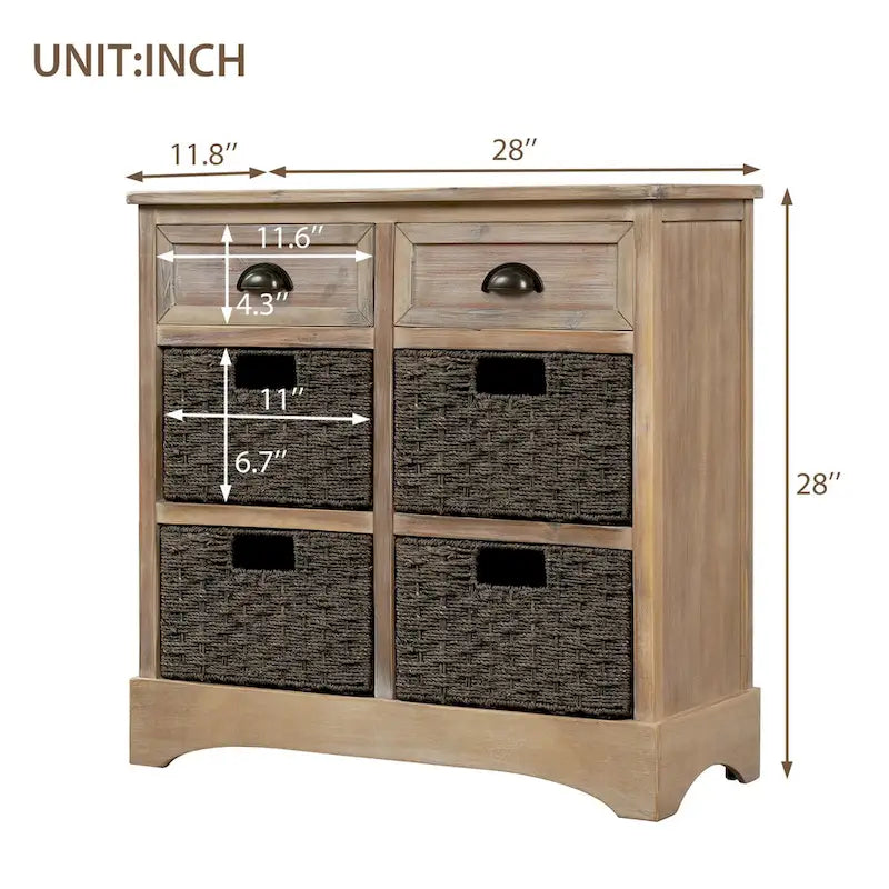 Meuble de rangement rustique avec deux tiroirs et quatre paniers classiques en rotin pour salle à manger/salon