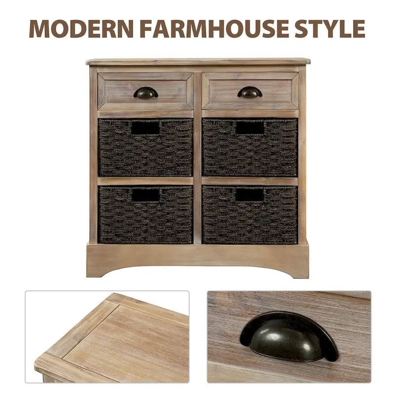Meuble de rangement rustique avec deux tiroirs et quatre paniers classiques en rotin pour salle à manger/salon