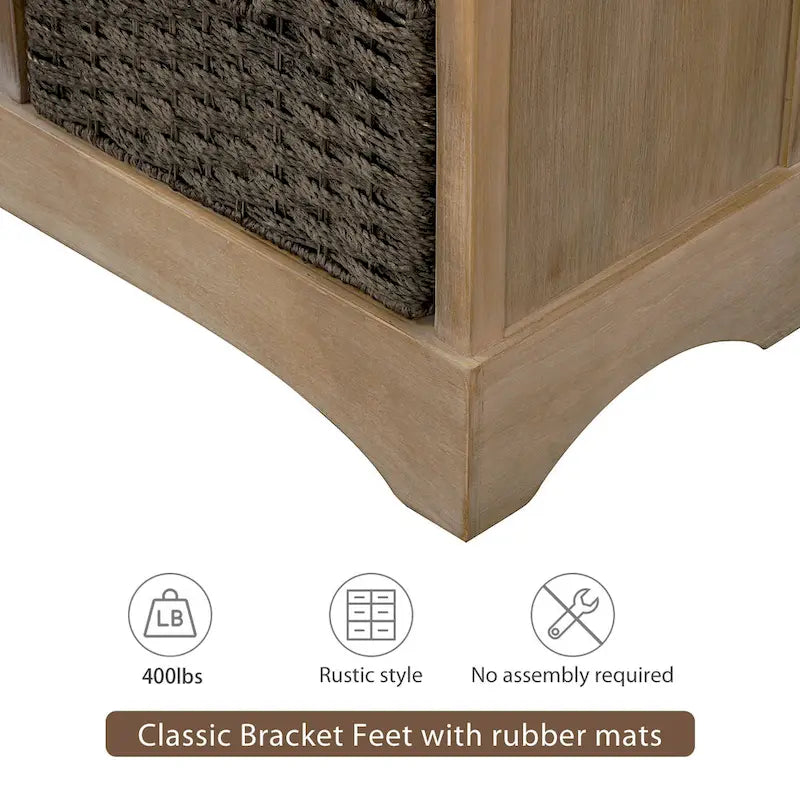 Meuble de rangement rustique avec deux tiroirs et quatre paniers classiques en rotin pour salle à manger/salon
