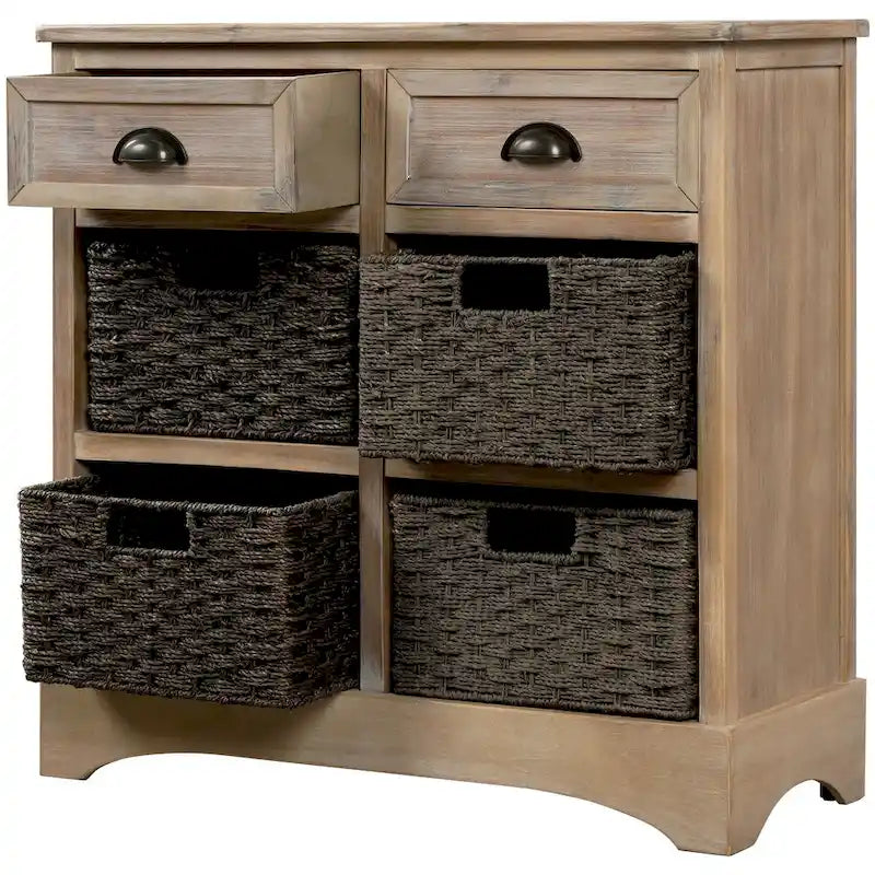 Meuble de rangement rustique avec deux tiroirs et quatre paniers classiques en rotin pour salle à manger/salon