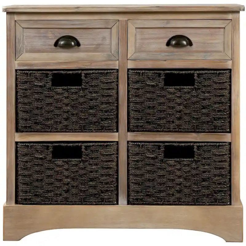 Meuble de rangement rustique avec deux tiroirs et quatre paniers classiques en rotin pour salle à manger/salon