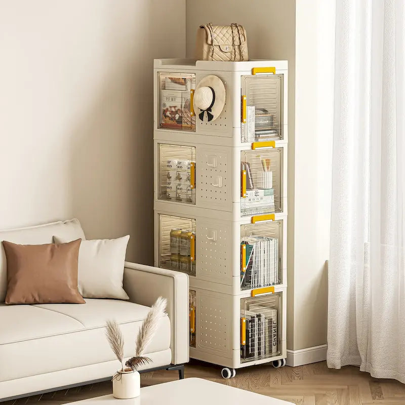 Bibliothèque roulante à 4 niveaux avec roulettes, bacs de rangement grande capacité, organiseur de rangement roulant multifonctionnel et mobile