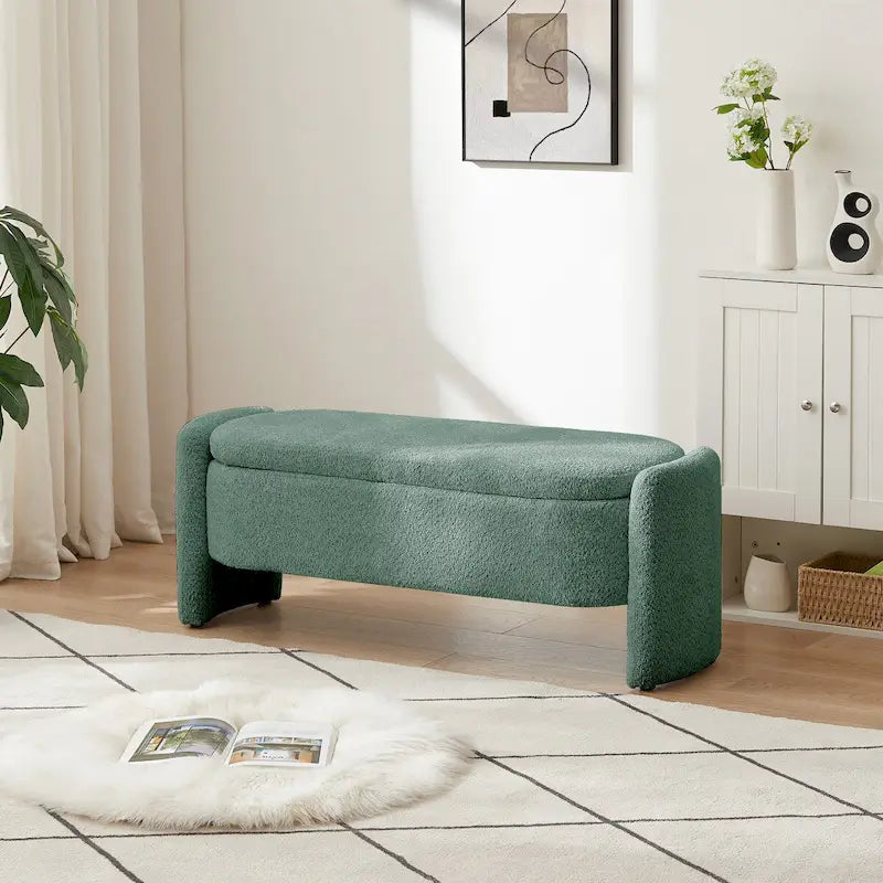 Banc de rangement ottoman ovale en tissu polaire d'agneau 3D avec grand espace de rangement pour le salon, l'entrée et la chambre