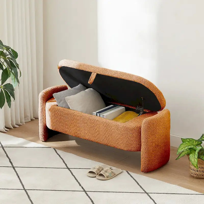 Banc de rangement ottoman ovale en tissu polaire d'agneau 3D avec grand espace de rangement pour le salon, l'entrée et la chambre