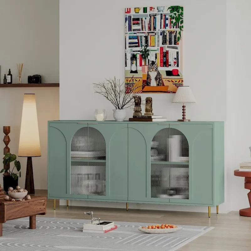 Meuble d'appoint | Buffet laqué en bois avec 4 portes vitrées | Armoire de rangement