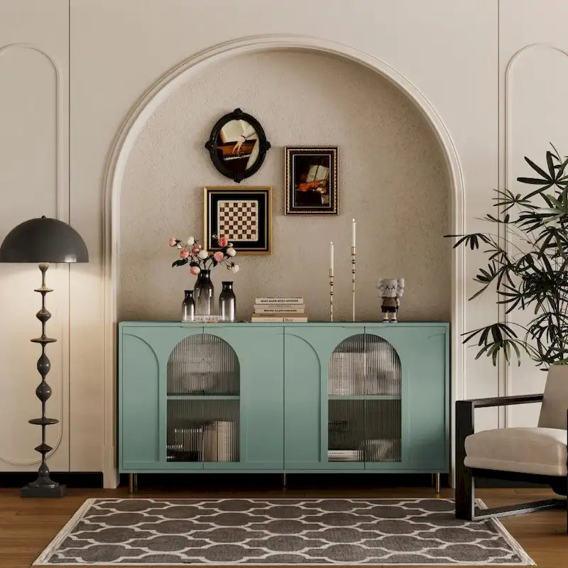 Meuble d'appoint | Buffet laqué en bois avec 4 portes vitrées | Armoire de rangement