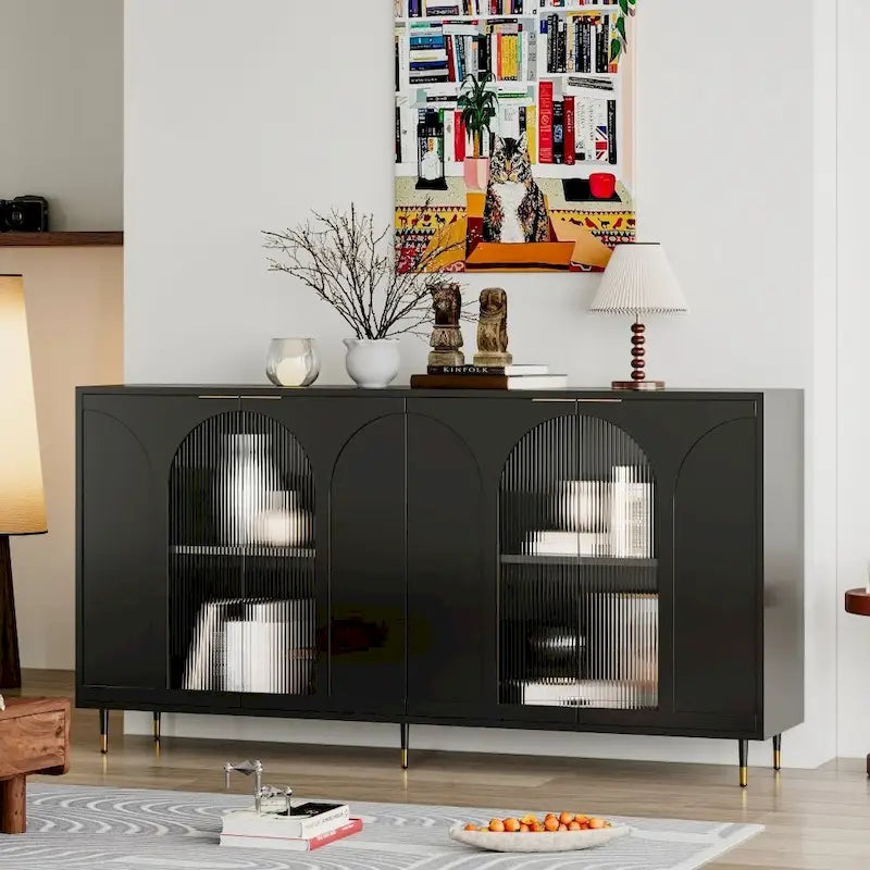 Meuble d'appoint | Buffet laqué en bois avec 4 portes vitrées | Armoire de rangement