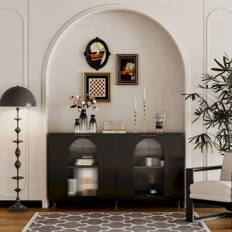 Meuble d'appoint | Buffet laqué en bois avec 4 portes vitrées | Armoire de rangement