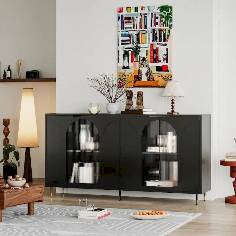 Meuble d'appoint | Buffet laqué en bois avec 4 portes vitrées | Armoire de rangement