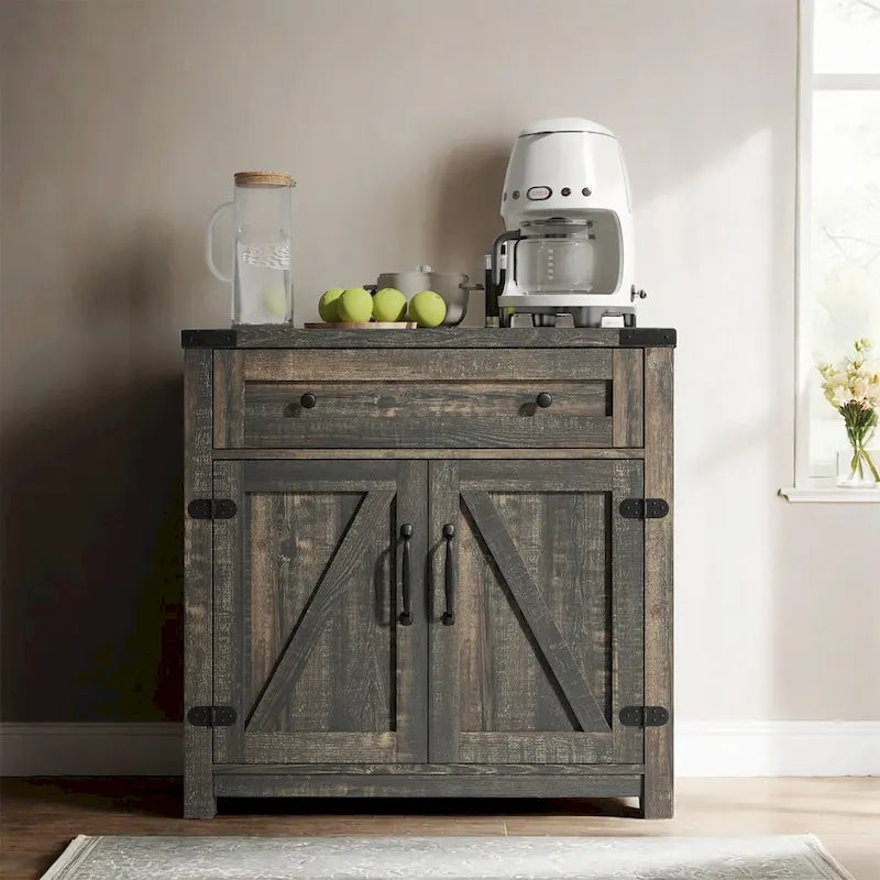 Meuble d'appoint double porte de grange de style fermette moderne, 30 pouces, pin noir