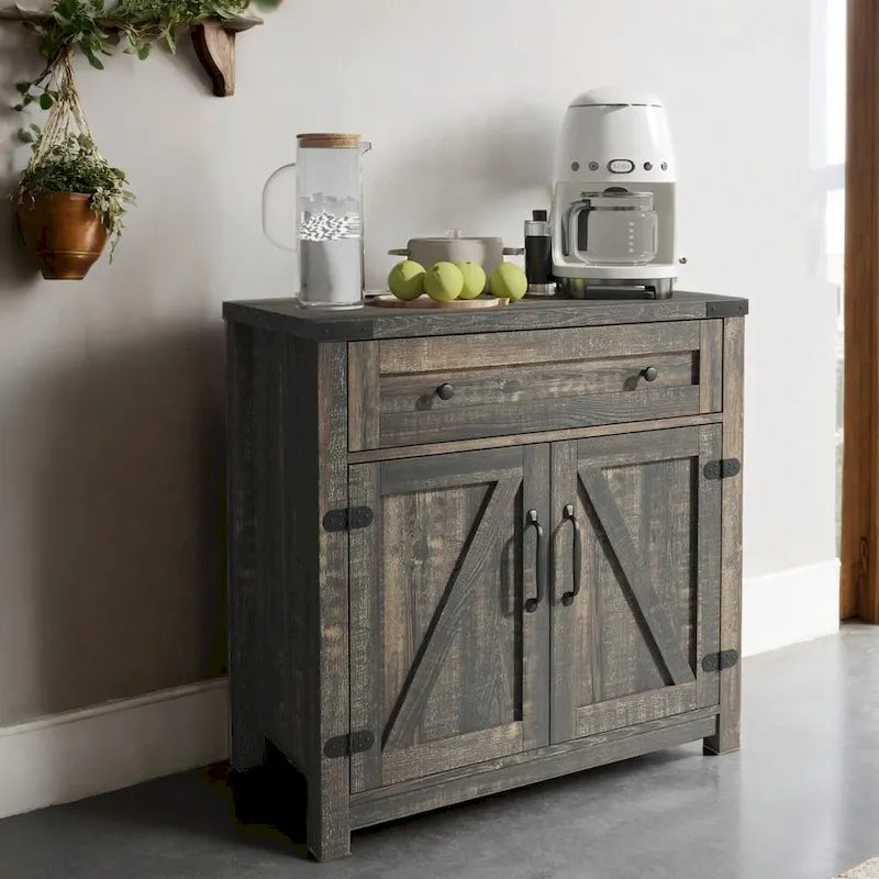 Meuble d'appoint double porte de grange de style fermette moderne, 30 pouces, pin noir