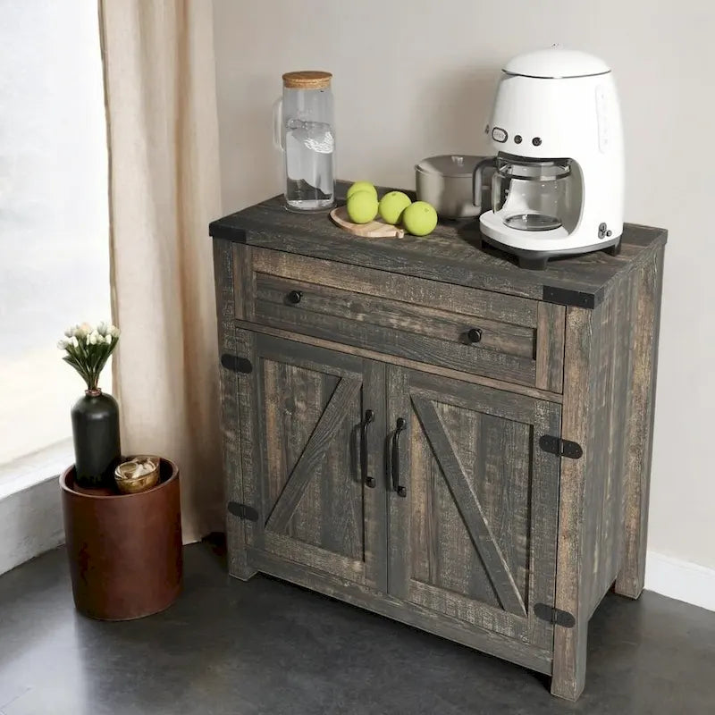 Meuble d'appoint double porte de grange de style fermette moderne, 30 pouces, pin noir