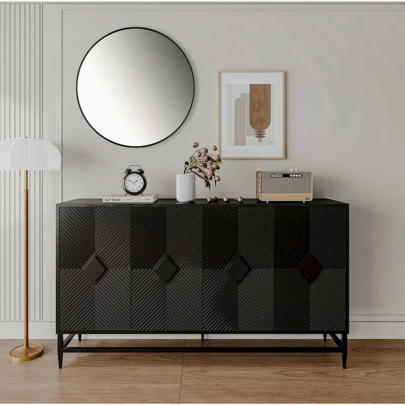 Bahut laqué noir à 4 portes en bois, meuble de rangement pour salon, bureau, cuisine