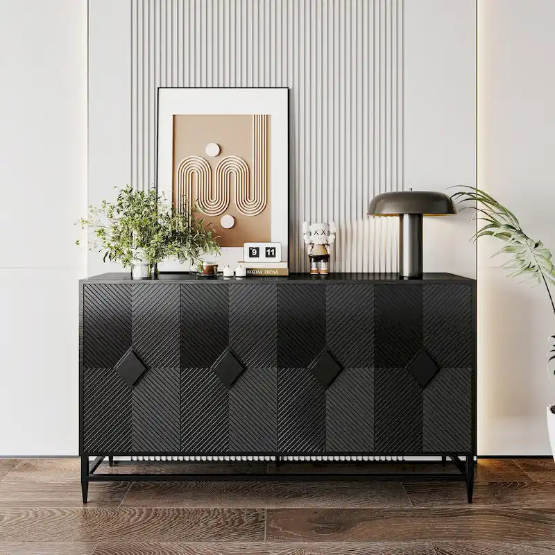 Bahut laqué noir à 4 portes en bois, meuble de rangement pour salon, bureau, cuisine