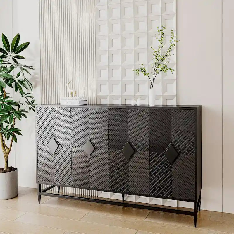 Bahut laqué noir à 4 portes en bois, meuble de rangement pour salon, bureau, cuisine