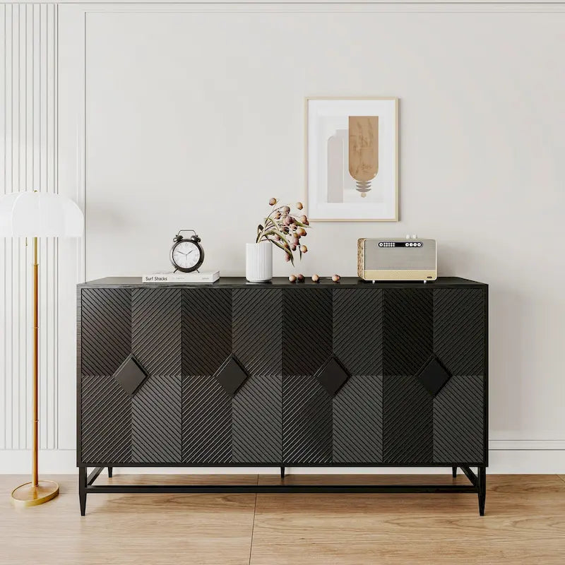 Bahut laqué noir à 4 portes en bois, meuble de rangement pour salon, bureau, cuisine