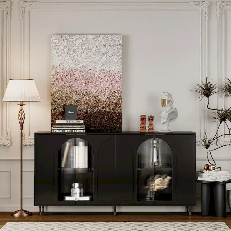 Bahut laqué noir à 4 portes en bois, meuble de rangement pour salon, bureau, cuisine