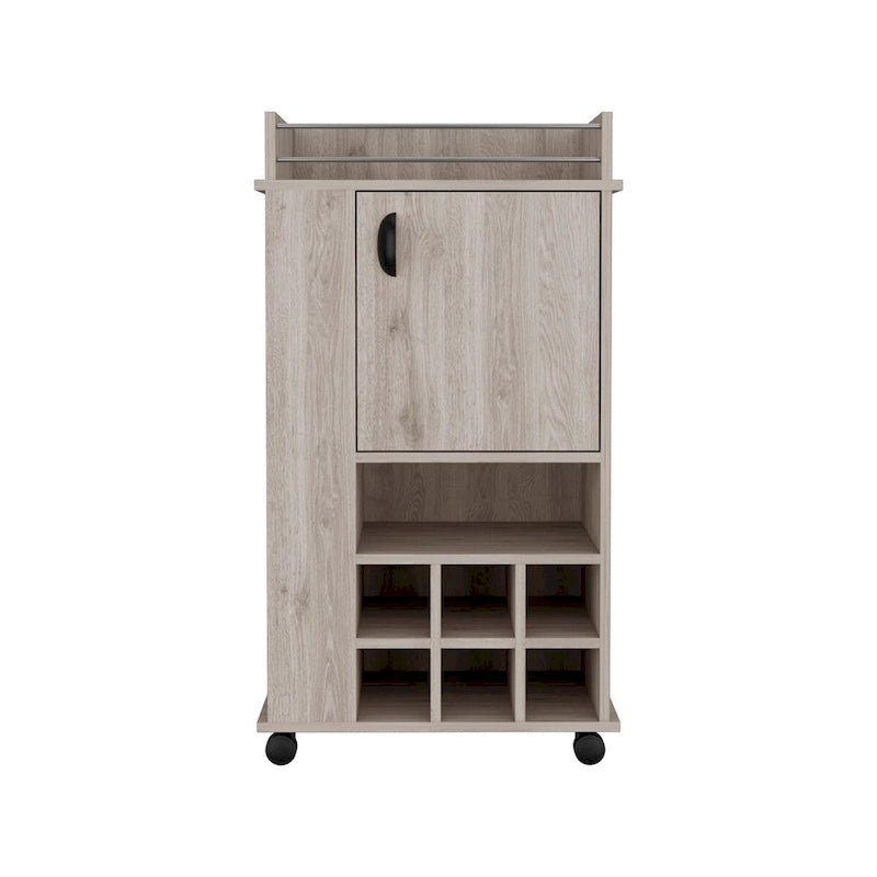 Chariot de bar avec armoire, meuble à vin, meuble à alcool, 6 porte-bouteilles intégrés et roulettes