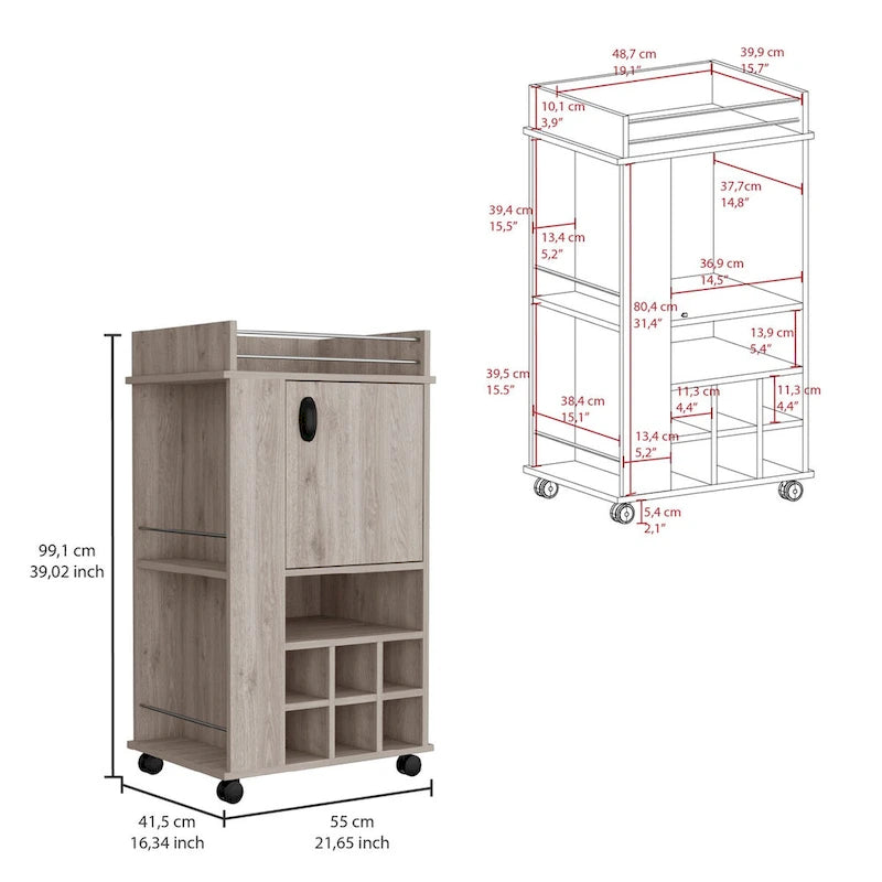 Chariot de bar avec armoire, meuble à vin, meuble à alcool, 6 porte-bouteilles intégrés et roulettes