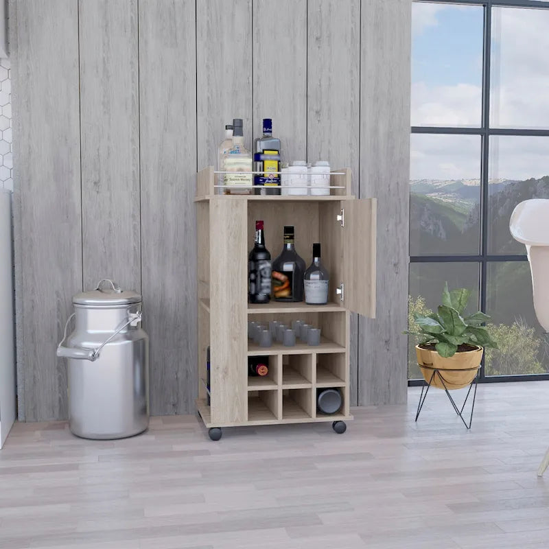 Chariot de bar avec armoire, meuble à vin, meuble à alcool, 6 porte-bouteilles intégrés et roulettes