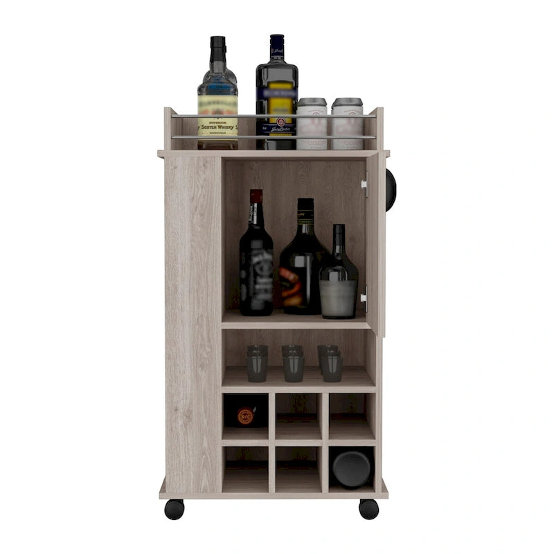 Chariot de bar avec armoire, meuble à vin, meuble à alcool, 6 porte-bouteilles intégrés et roulettes