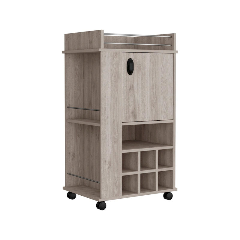 Chariot de bar avec armoire, meuble à vin, meuble à alcool, 6 porte-bouteilles intégrés et roulettes