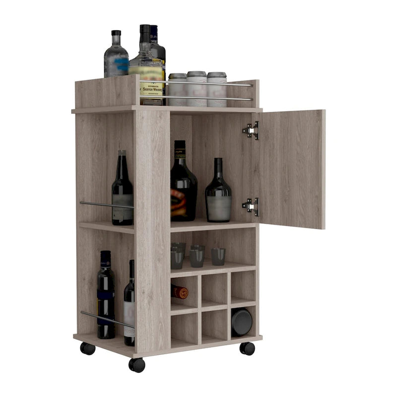 Chariot de bar avec armoire, meuble à vin, meuble à alcool, 6 porte-bouteilles intégrés et roulettes