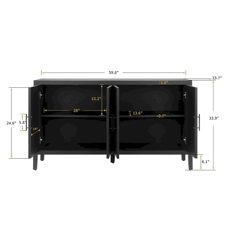 Buffet 4 portes en bois twill de style campagnard américain vintage pour salon