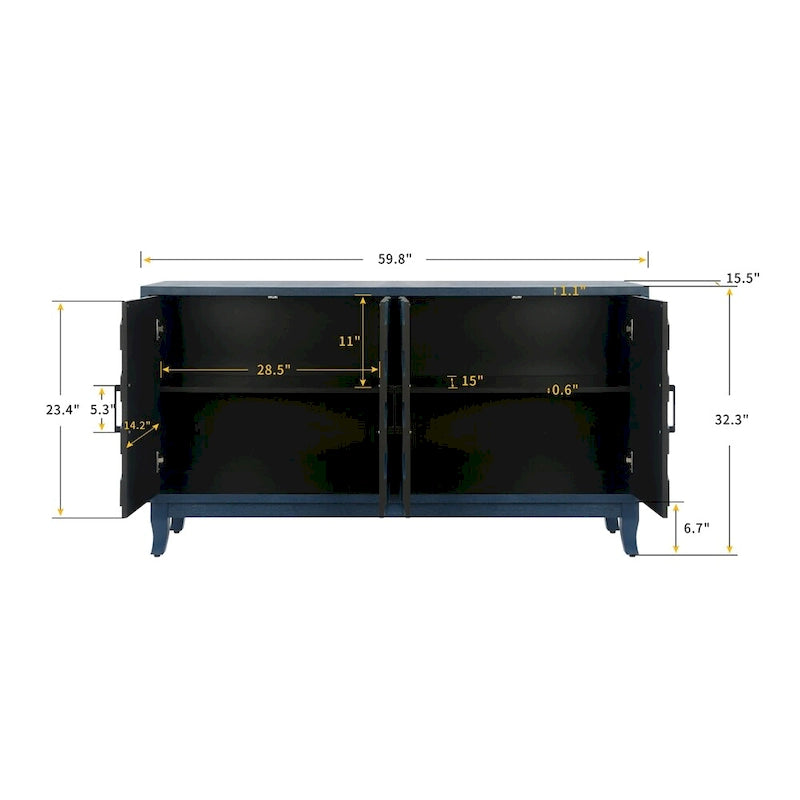 Buffet 4 portes en bois twill de style campagnard américain vintage pour salon