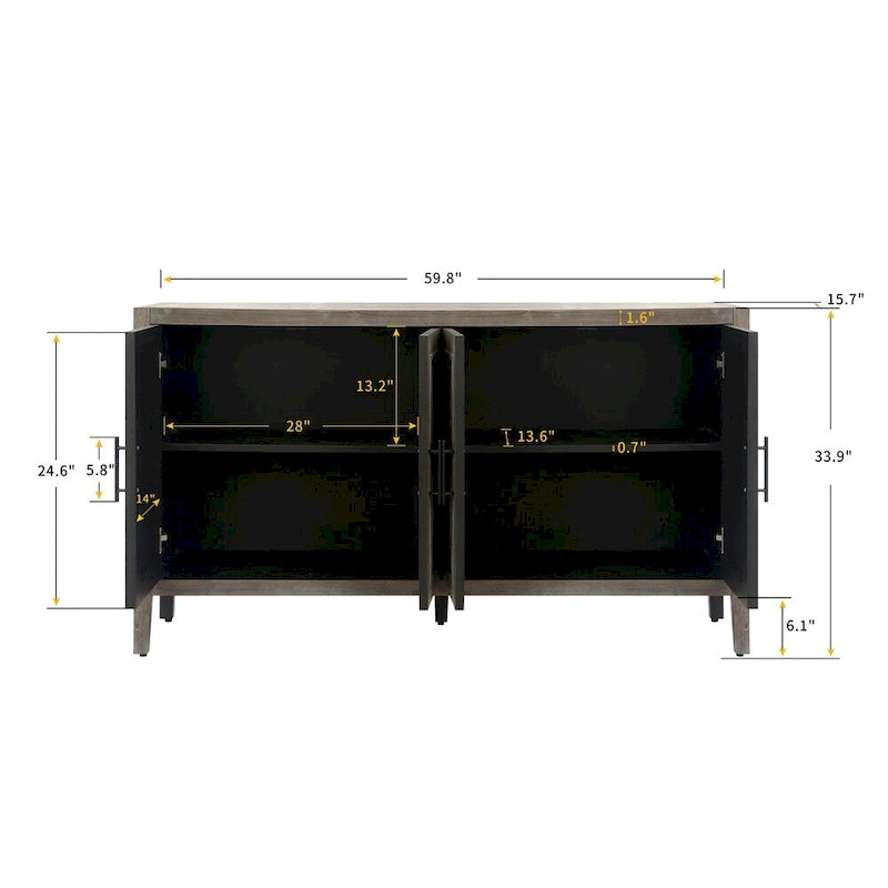 Buffet 4 portes en bois twill de style campagnard américain vintage pour salon