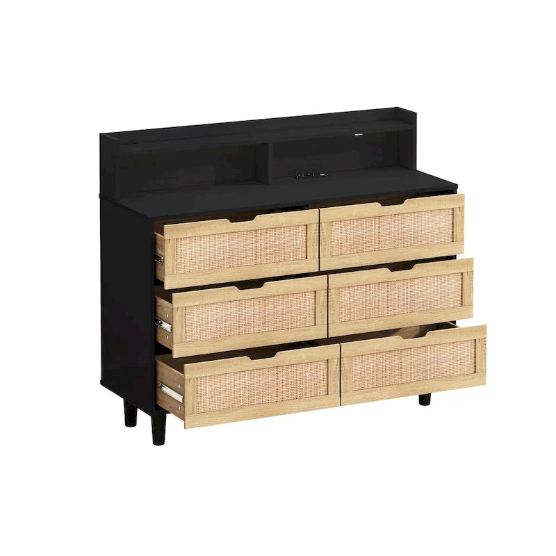 43.316-Commode de rangement en rotin à tiroirs Commode en rotin avec lumières LED et prise de courant, pour chambre, salon