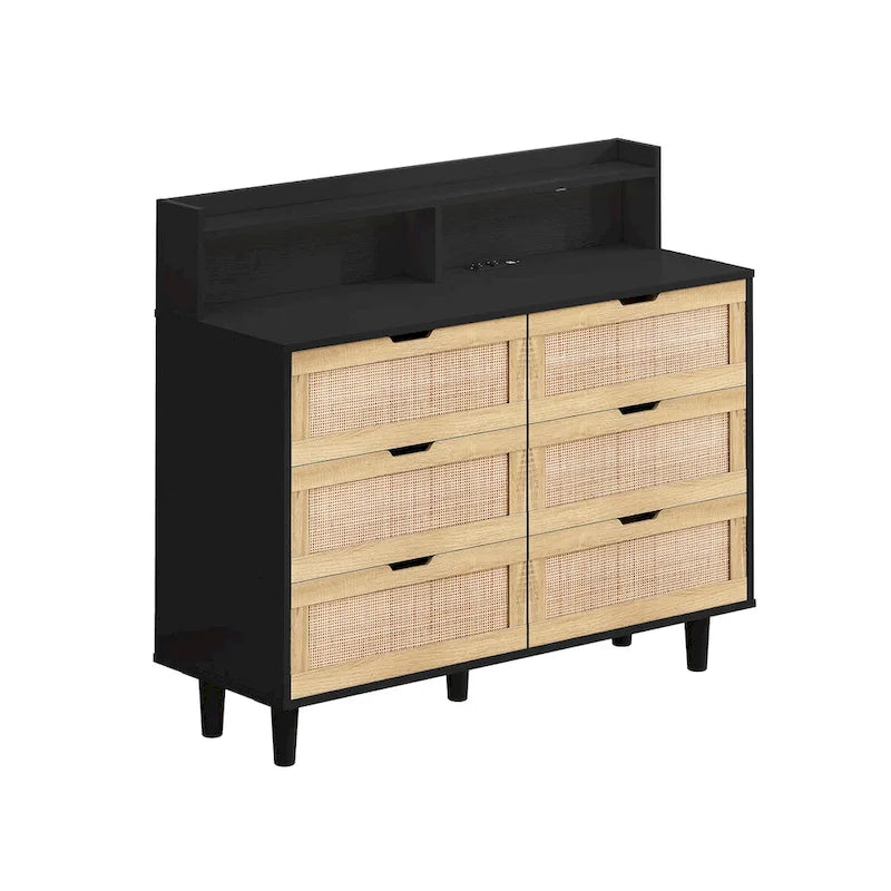 43.316-Commode de rangement en rotin à tiroirs Commode en rotin avec lumières LED et prise de courant, pour chambre, salon