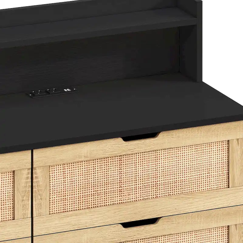 43.316-Commode de rangement en rotin à tiroirs Commode en rotin avec lumières LED et prise de courant, pour chambre, salon