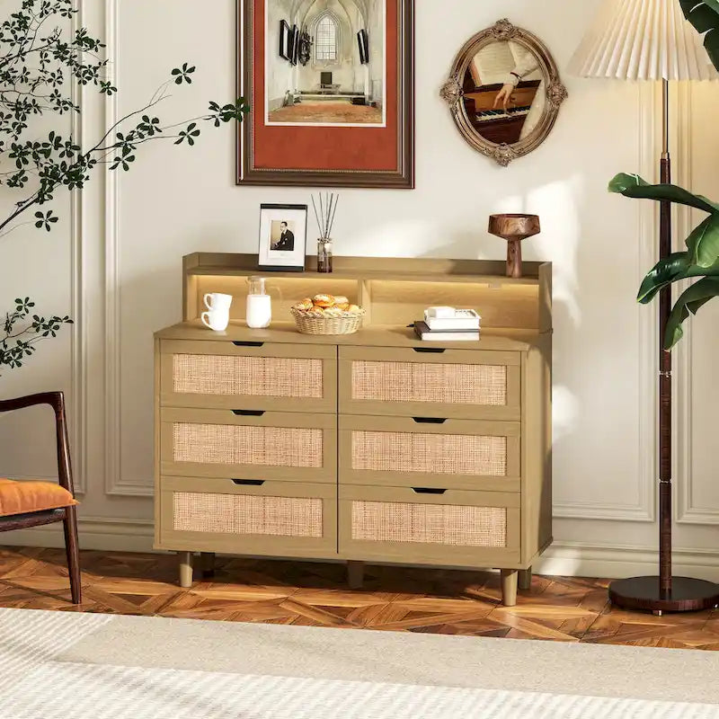 43.316-Commode de rangement en rotin à tiroirs Commode en rotin avec lumières LED et prise de courant, pour chambre, salon