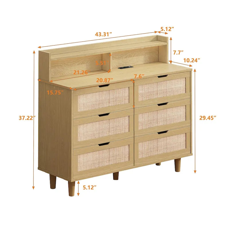 43.316-Commode de rangement en rotin à tiroirs Commode en rotin avec lumières LED et prise de courant, pour chambre, salon