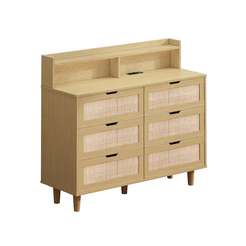 43.316-Commode de rangement en rotin à tiroirs Commode en rotin avec lumières LED et prise de courant, pour chambre, salon