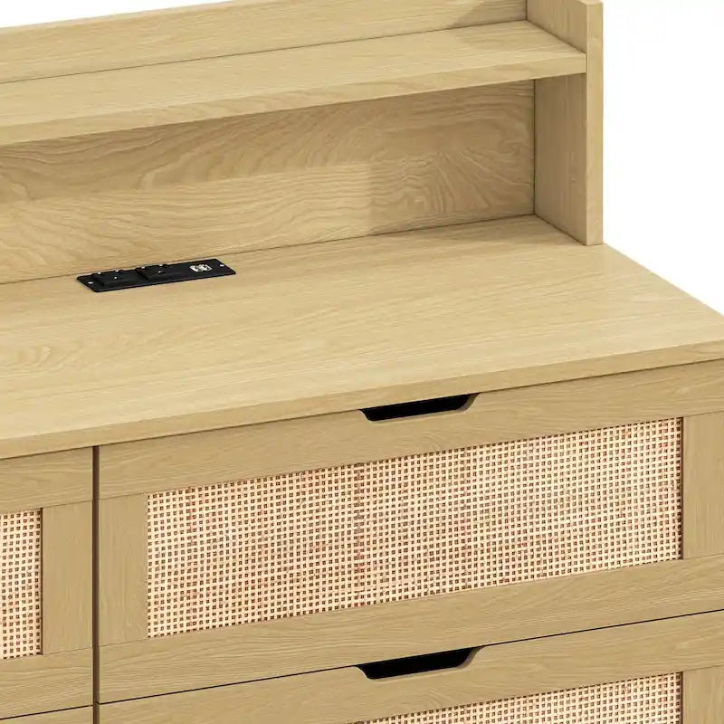 43.316-Commode de rangement en rotin à tiroirs Commode en rotin avec lumières LED et prise de courant, pour chambre, salon