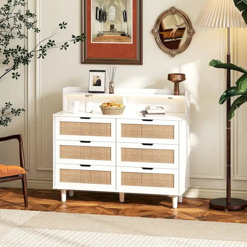 43.316-Commode de rangement en rotin à tiroirs Commode en rotin avec lumières LED et prise de courant, pour chambre, salon