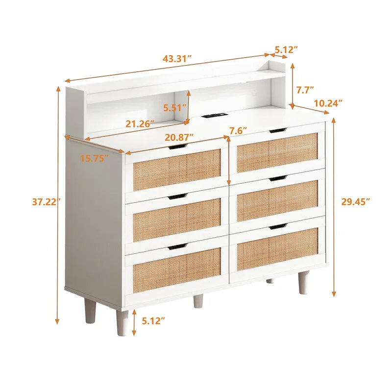 43.316-Commode de rangement en rotin à tiroirs Commode en rotin avec lumières LED et prise de courant, pour chambre, salon