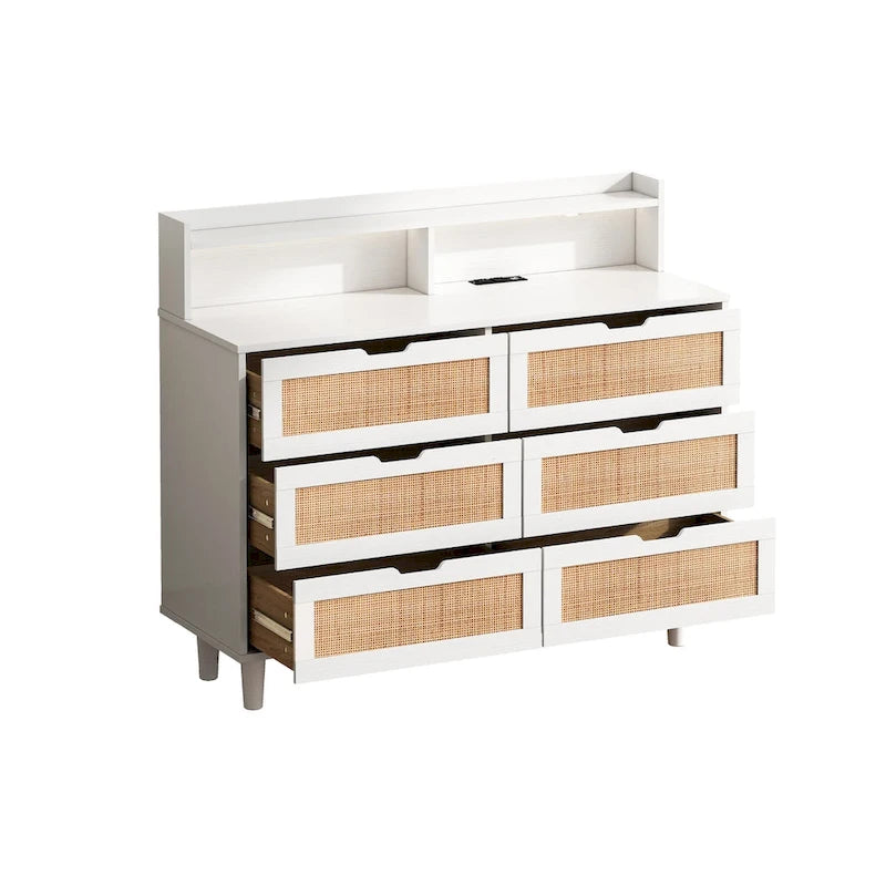 43.316-Commode de rangement en rotin à tiroirs Commode en rotin avec lumières LED et prise de courant, pour chambre, salon
