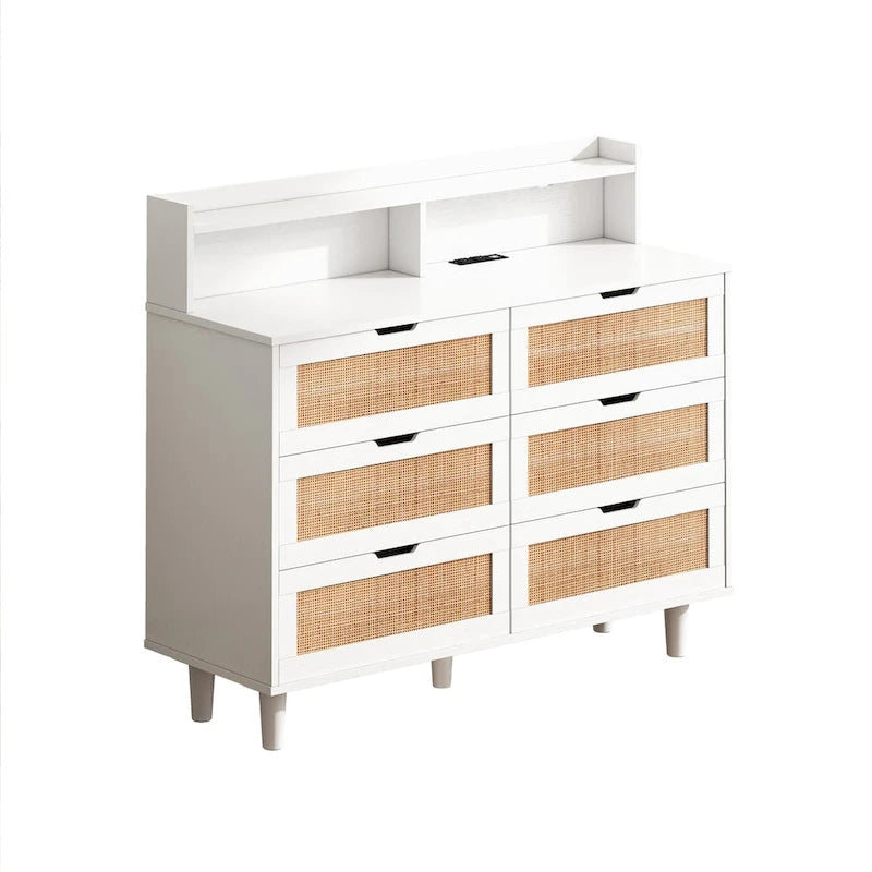 43.316-Commode de rangement en rotin à tiroirs Commode en rotin avec lumières LED et prise de courant, pour chambre, salon