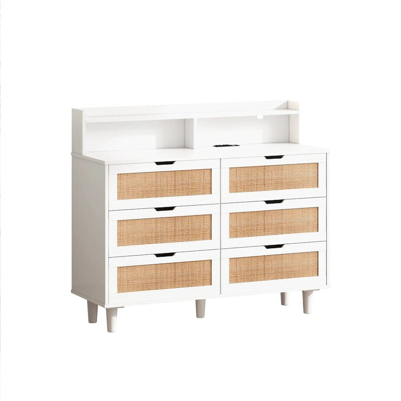 43.316-Commode de rangement en rotin à tiroirs Commode en rotin avec lumières LED et prise de courant, pour chambre, salon