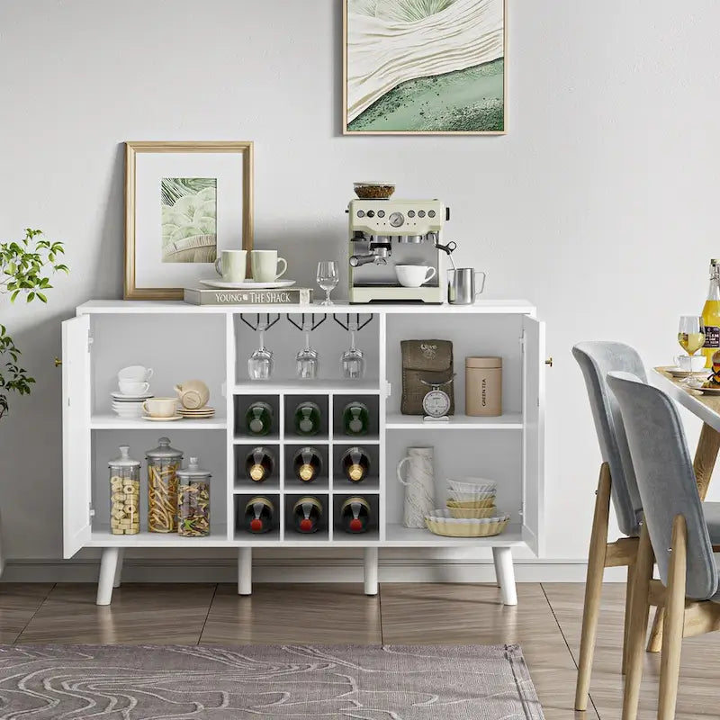 Anmytek Bahut de cuisine moderne à 2 portes avec casier à vin et support à verres