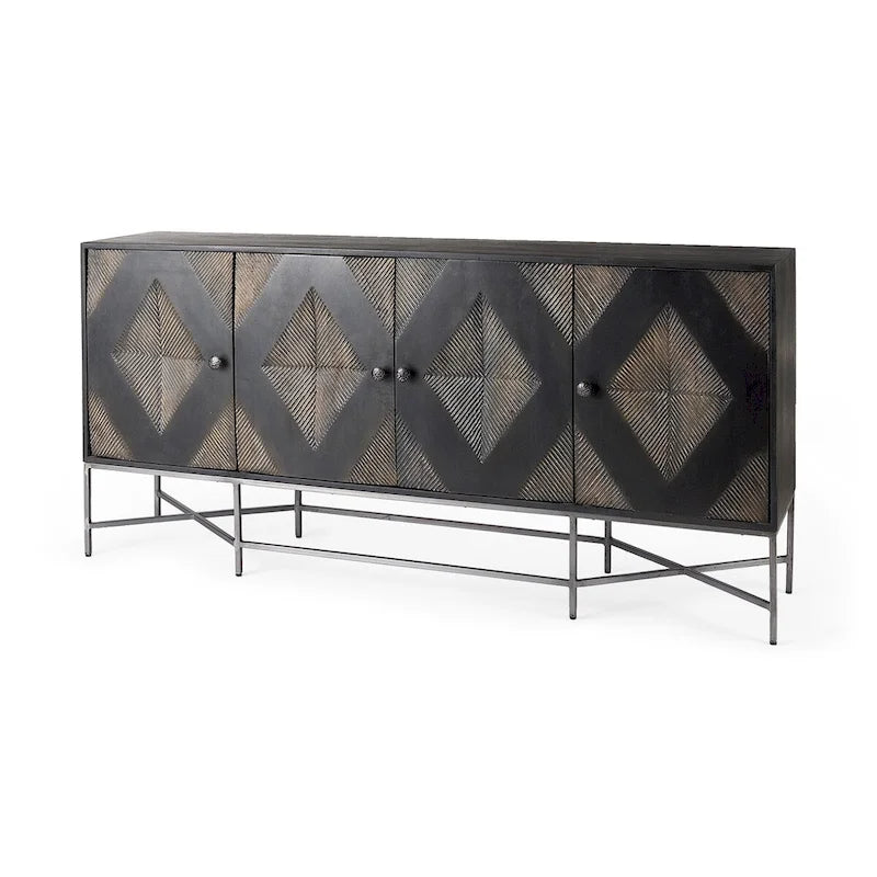 Hogarth I – Buffet à 4 portes avec piètement en bois massif marron bicolore et cadre argenté