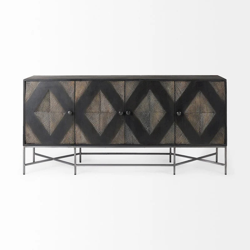 Hogarth I – Buffet à 4 portes avec piètement en bois massif marron bicolore et cadre argenté