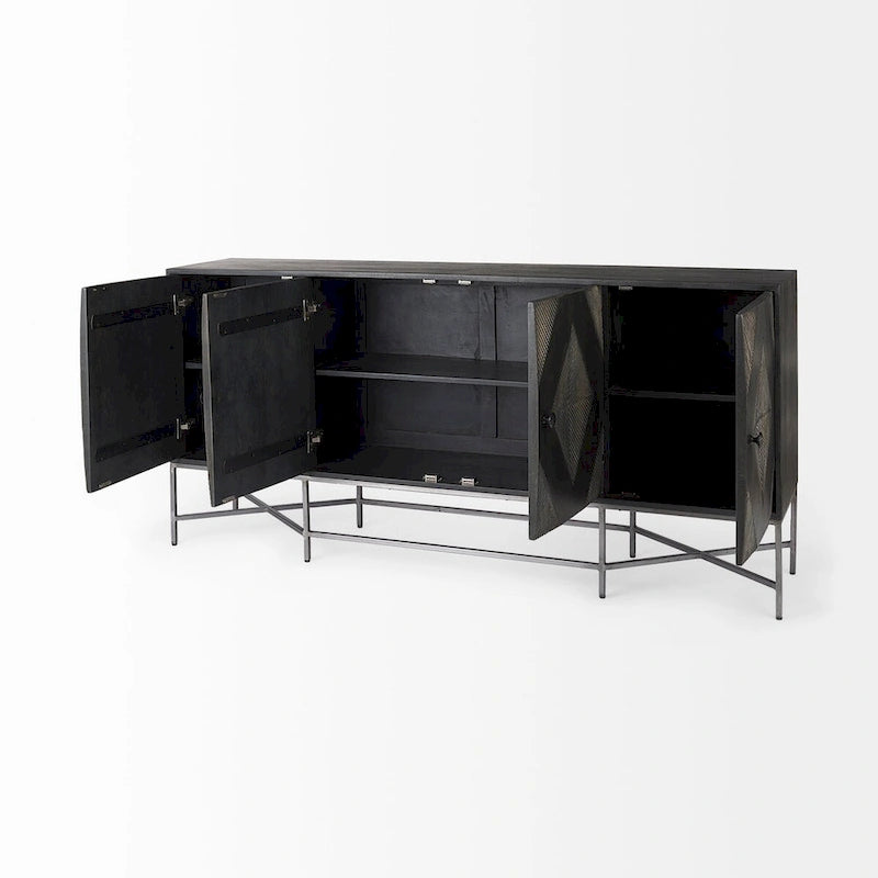 Hogarth I – Buffet à 4 portes avec piètement en bois massif marron bicolore et cadre argenté