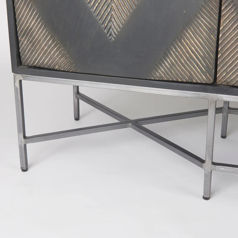 Hogarth I – Buffet à 4 portes avec piètement en bois massif marron bicolore et cadre argenté