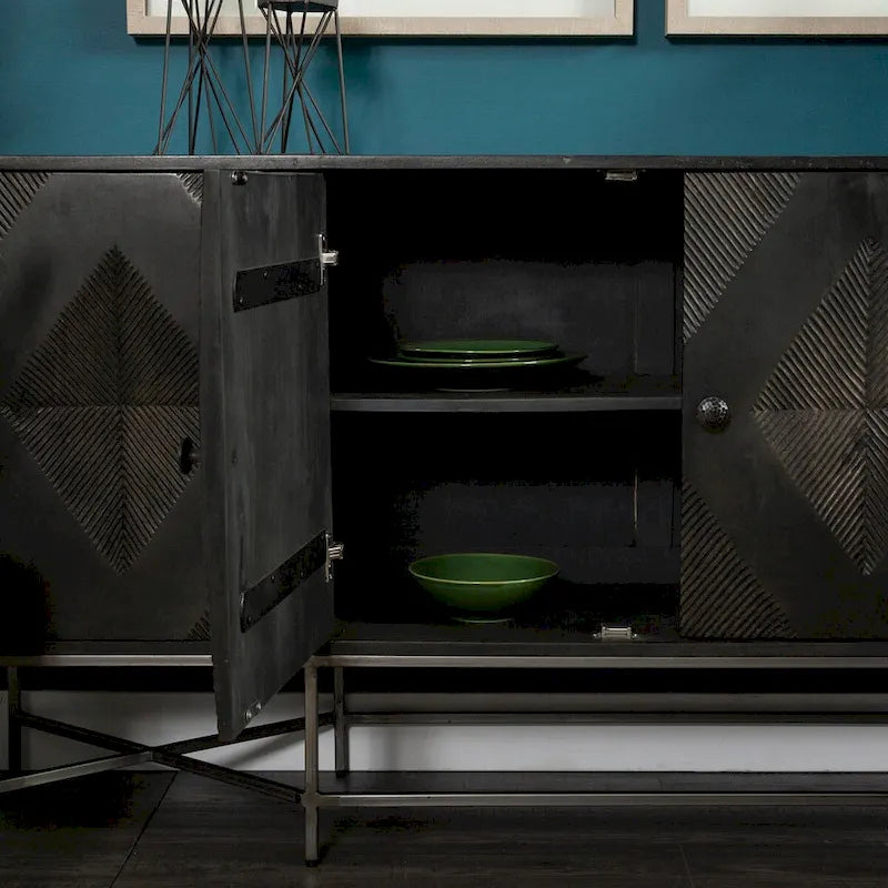 Hogarth I – Buffet à 4 portes avec piètement en bois massif marron bicolore et cadre argenté